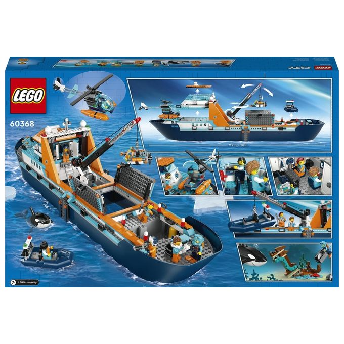 LEGO City 60368 Esploratore Artico, Grande Nave Giocattolo Galleggiante con Elicottero, Gommone, Sottomarino e Relitto Barca
