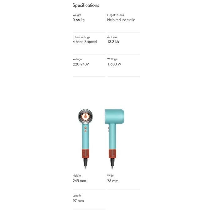 Dyson Super Sonic Nural Asciugacapelli 1600W 4 Temperature con Accessori Acquamarina
