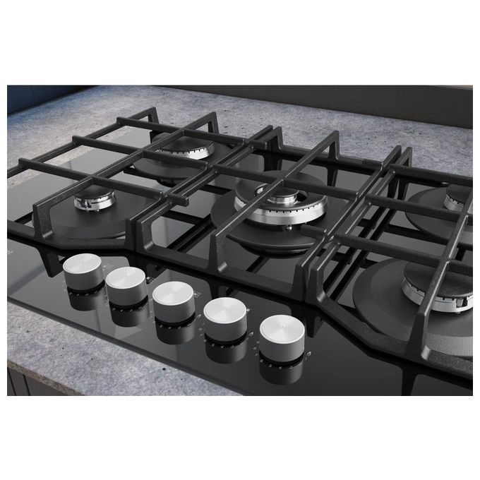 Hotpoint HAGS 72F-BK Serie Cristallo Nero Piano Cottura a Gas 5 Zone 1 Doppia Corona MyMenu Flame Control Griglie in ghisa 73 cm Nero