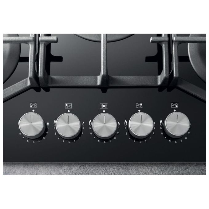 Hotpoint HAGS 72F-BK Serie Cristallo Nero Piano Cottura a Gas 5 Zone 1 Doppia Corona MyMenu Flame Control Griglie in ghisa 73 cm Nero