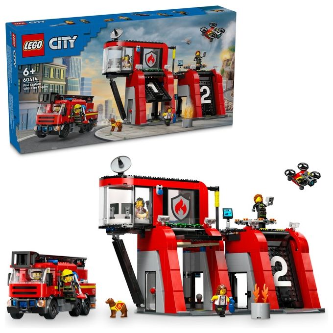 LEGO City 60414 Caserma dei Pompieri e Autopompa con Camion Giocattolo, 6 Minifigure, Cane e Accessori, Gioco per Bambini 6+