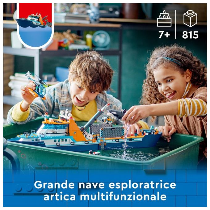 LEGO City 60368 Esploratore Artico, Grande Nave Giocattolo Galleggiante con Elicottero, Gommone, Sottomarino e Relitto Barca