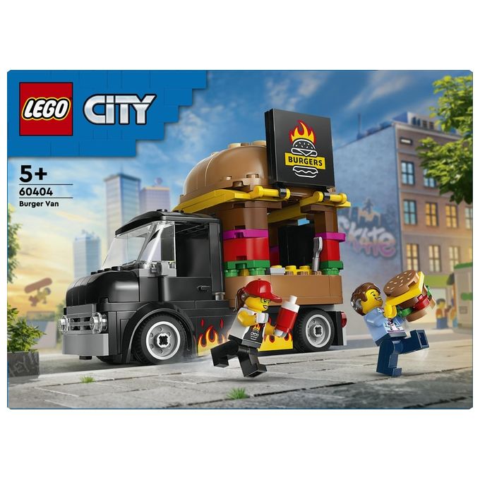 LEGO City 60404 Furgone degli Hamburger Giocattolo, Veicolo per Bambini 5+ Anni, Camion Food Truck con Accessori e 2 Minifigure