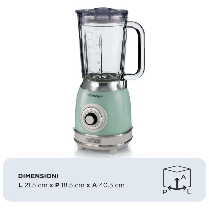 Ariete frullatore vintage 583, tazza in vetro 1,5 litri, 1000w, 4 lame acciaio inox, 4 velocita' e pulse, tritaghiaccio, verde