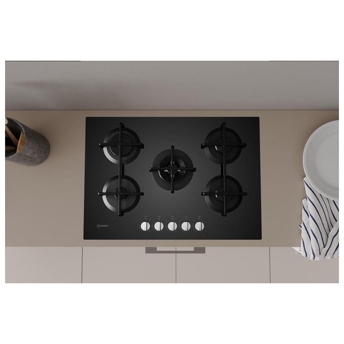 Indesit ING 72T-BK Linea Glass Piano Cottura a Gas 5 Zone 1 High Power Flame Griglie in Ghisa 73 cm Nero
