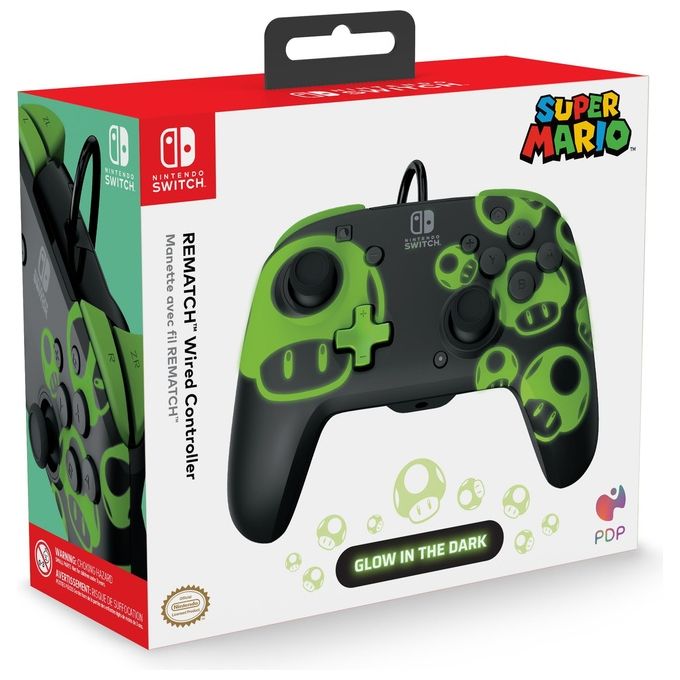 Pdp 1-Up Glow In The Dark Rematch Nero-Verde Usb Gamepad per Nintendo Switch-Nintendo Switch Oled