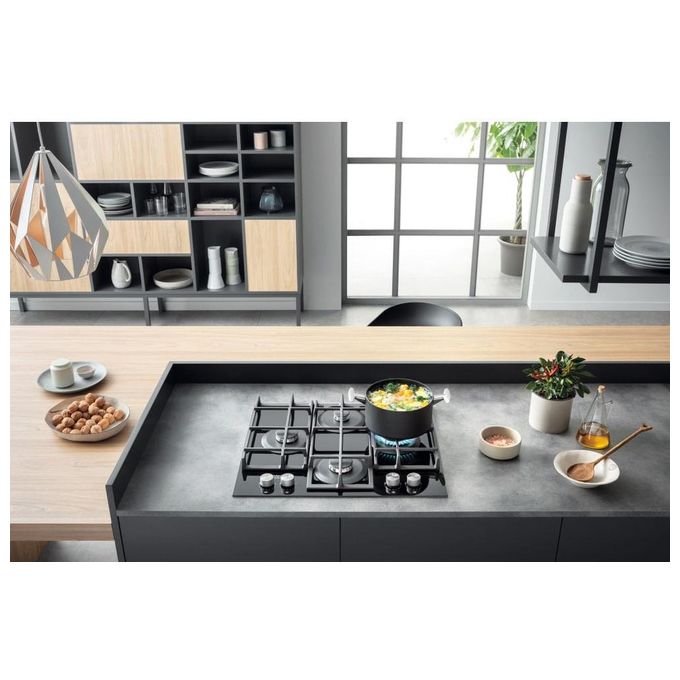Hotpoint HAGS 61F-BK Piano Cottura a Gas in  Vetroceramica 4 Zone My Menu Flame Control 9 livelli di potenza Griglie in ghisa 60 cm Nero