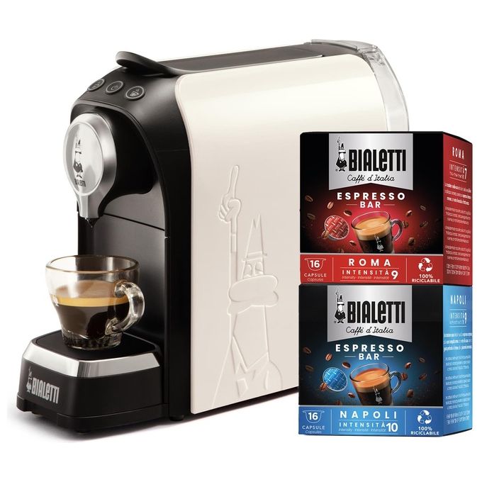 Bialetti Elettrico Macchina Caffe' Espresso Per Capsule In Alluminio Incluse 32 Capsule 1200W Bianco