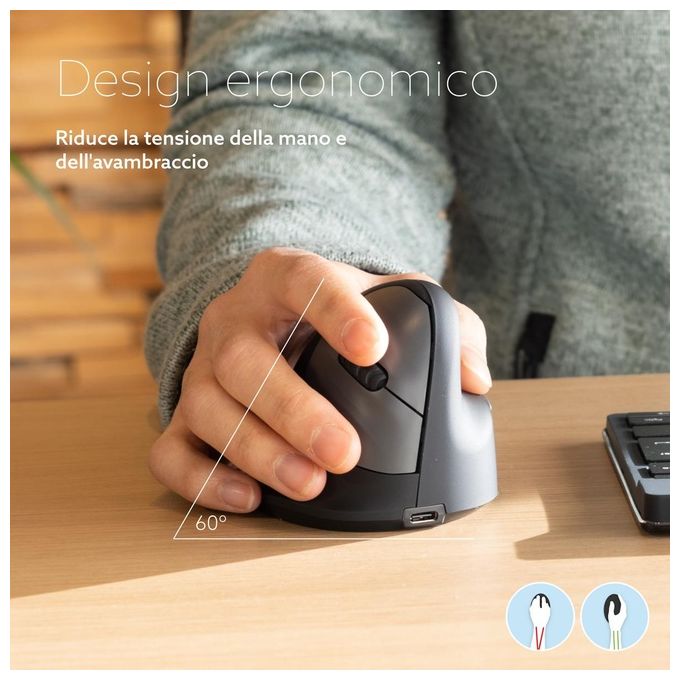 R Go Tools RGOHEWL R-Go HE Mouse Ergonomico Senza Fili Bluetooth 5.0 5 Pulsanti DPI Regolabile Fino a 2400 Silenzioso Ricaricabile Compatibile Windows Mac Linux colore Nero