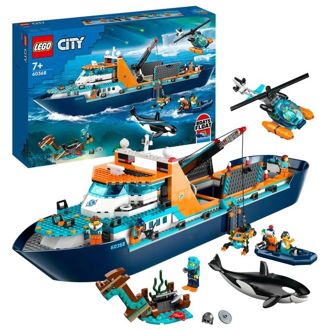 LEGO City 60368 Esploratore Artico, Grande Nave Giocattolo Galleggiante con Elicottero, Gommone, Sottomarino e Relitto Barca