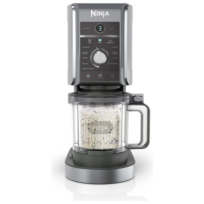 Ninja CREAMi Deluxe NC501EU - Gelatiera turbina elettrica con compressore, capacita' 2,1 L, potenza 800 W, 3 vaschette da 709 ml, 10 programmi (gelato, sorbetto, frappé…), funzione CREAMify, timer digitale, pezzi lavabili in lavastoviglie, Nero-Grigio