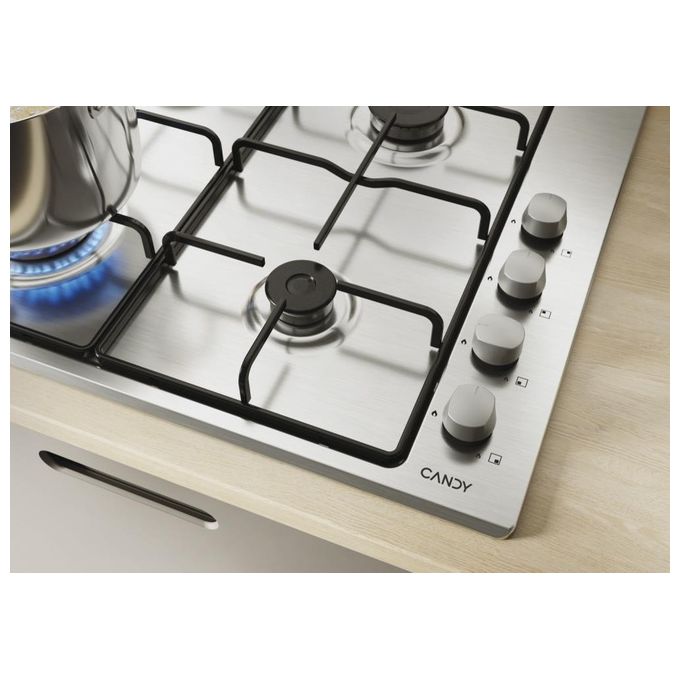 Candy CHW6LX Idea - Piano cottura gas, 60 cm, 4 fuochi, accensione elettronica, griglie smaltate, colore inox