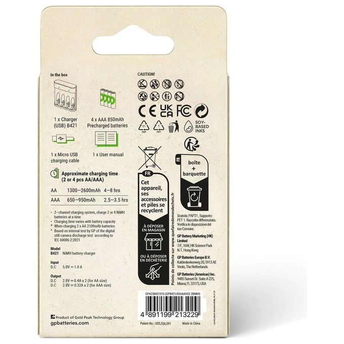 GP Batteries ReCyko B441 4-Port Modello USB Caricabatterie con 4xAAA NiMh 850mAh