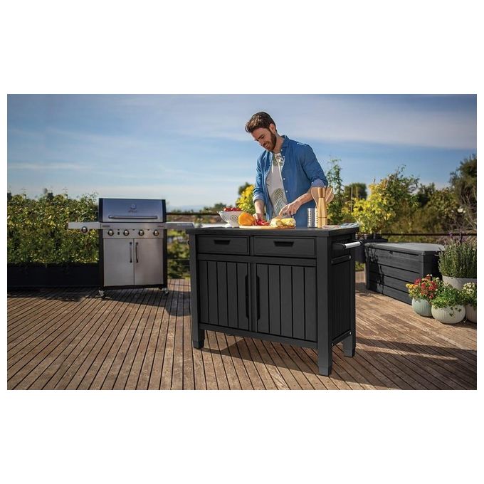 Keter 259432 Unity XL Tavolino da Esterno per BBQ con Cassetti anti-UV resina effetto legno colore Grafite