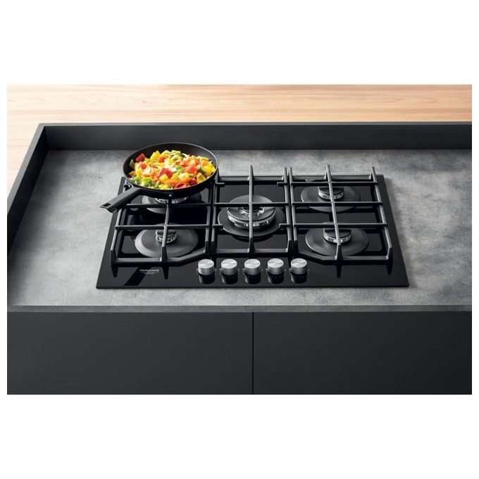 Hotpoint HAGS 72F-BK Serie Cristallo Nero Piano Cottura a Gas 5 Zone 1 Doppia Corona MyMenu Flame Control Griglie in ghisa 73 cm Nero