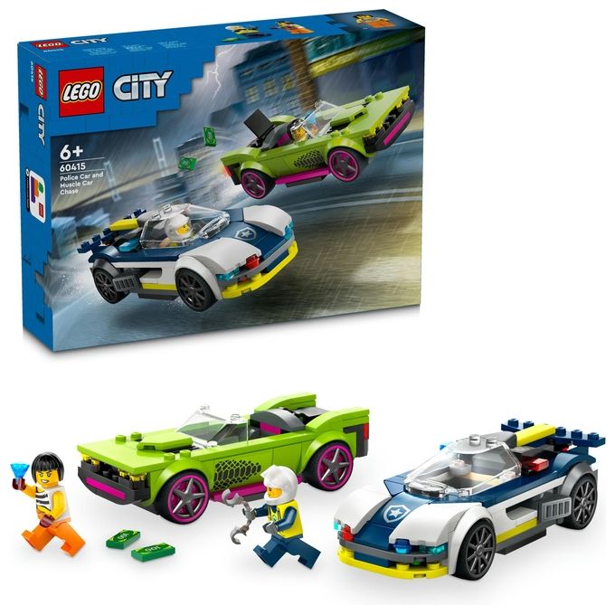 LEGO City 60415 Inseguimento della Macchina da Corsa, 2 Modellini di Auto della Polizia, Giocattolo per Bambini di 6+ Anni