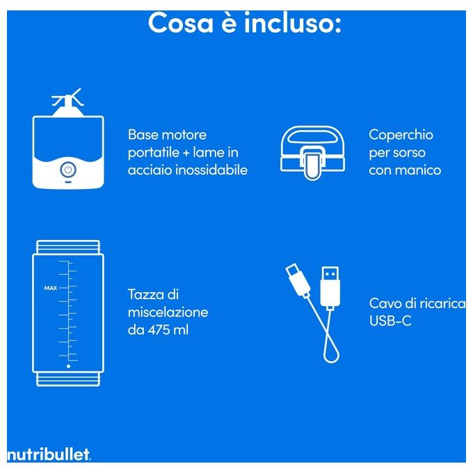 NutriBullet NBP003NBL Frullatore per Sportivi Portatile Cordless USB-C 0.475 L Tritaghiaccio colore Blu Navy
