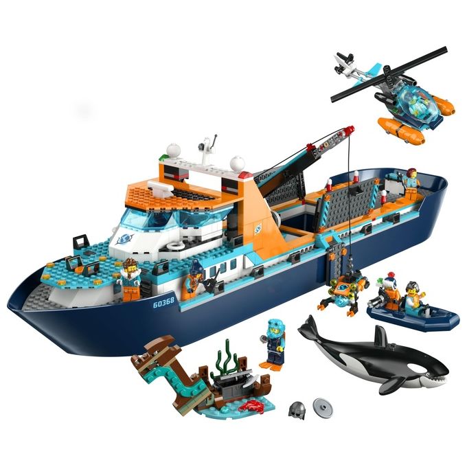 LEGO City 60368 Esploratore Artico, Grande Nave Giocattolo Galleggiante con Elicottero, Gommone, Sottomarino e Relitto Barca