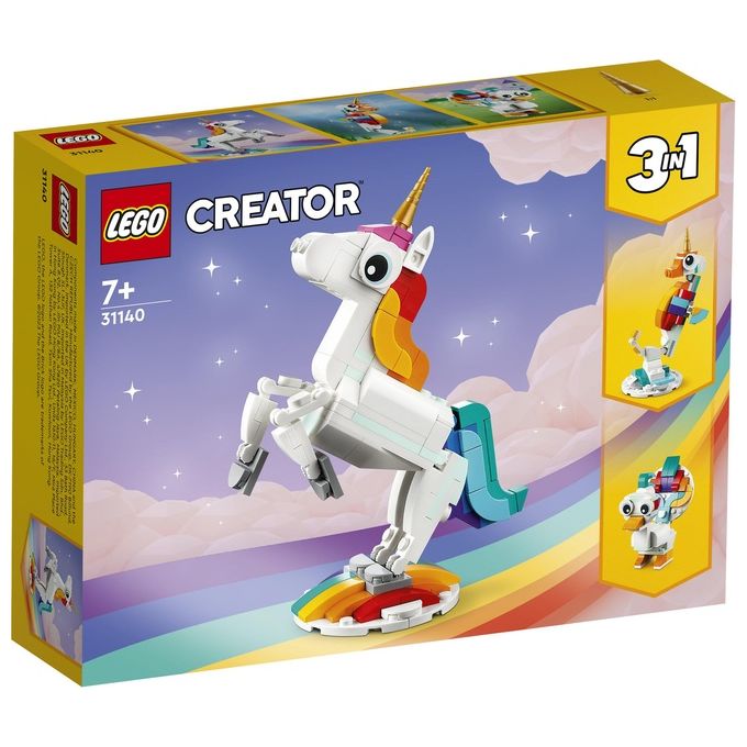 LEGO Creator 31140 Unicorno Magico con Arcobaleno, Set 3 in 1 con Animali Giocattolo Fantastici, Cavalluccio Marino e Pavone