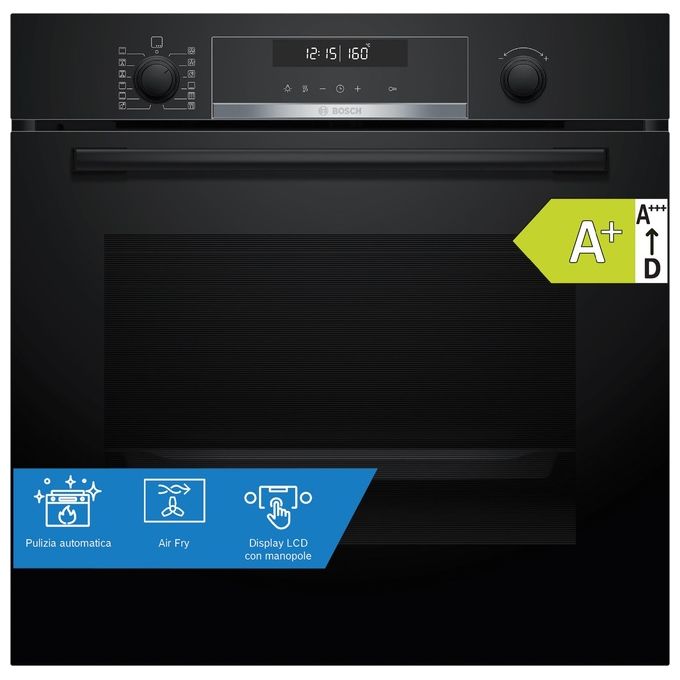 Bosch Serie 6 HBG578BB3 Forno elettrico da incasso 71 Litri Classe A+ Pirolitico Display digitale LCD bianco 30 programmi automatici 10 funzioni tra cui Air fry (con teglia inclusa) 60 cm Nero