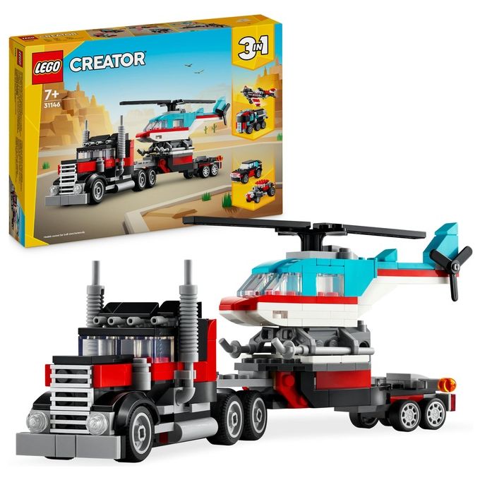 LEGO Creator 31146 3in1 Autocarro con Elicottero, Giochi per Bambini 7+ Anni Ricostruibile in Aereo e Cisterna o Auto e SUV