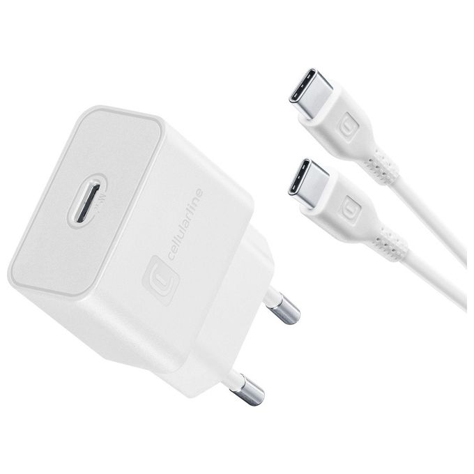 Cellular Line Caricabatterie da rete Super Fast Charge PD 25W con cavo USB-C to USB-C Bianco