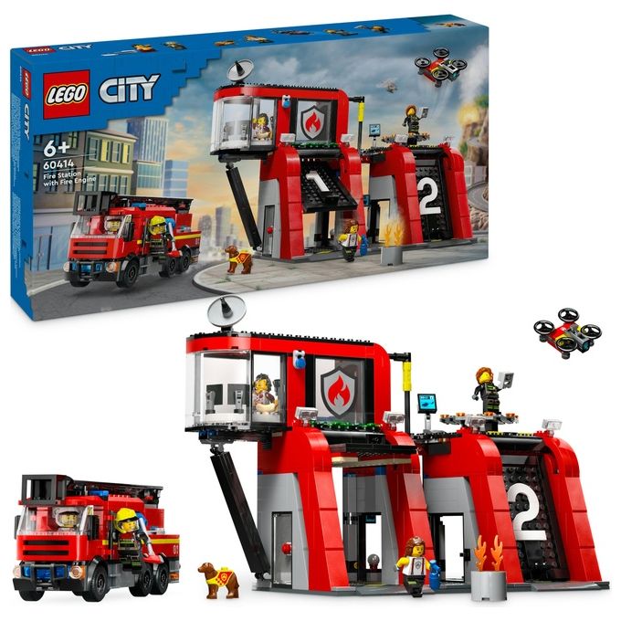 LEGO City 60414 Caserma dei Pompieri e Autopompa con Camion Giocattolo, 6 Minifigure, Cane e Accessori, Gioco per Bambini 6+