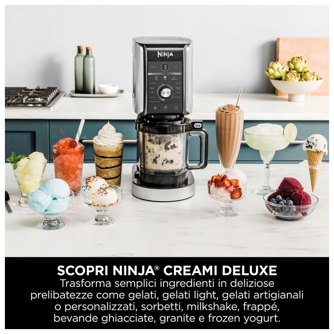 Ninja CREAMi Deluxe NC501EU - Gelatiera turbina elettrica con compressore, capacita' 2,1 L, potenza 800 W, 3 vaschette da 709 ml, 10 programmi (gelato, sorbetto, frappé…), funzione CREAMify, timer digitale, pezzi lavabili in lavastoviglie, Nero-Grigio