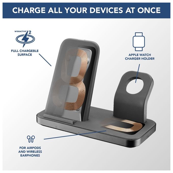 [ComeNuovo] Cellular Line Trio Wireless Charger Supporto di Ricarica Wireless 3in1 per Dispositivi Apple Nero