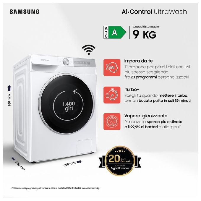 Samsung WW90T734DWH Lavatrice Carica Frontale AI Control UltraWash Classe energetica A Capacita' di carico 9 Kg Centrifuga 1400 giri Motore Digital Inverter Vapore Igenizzante Ecodosatore Ecolavaggio