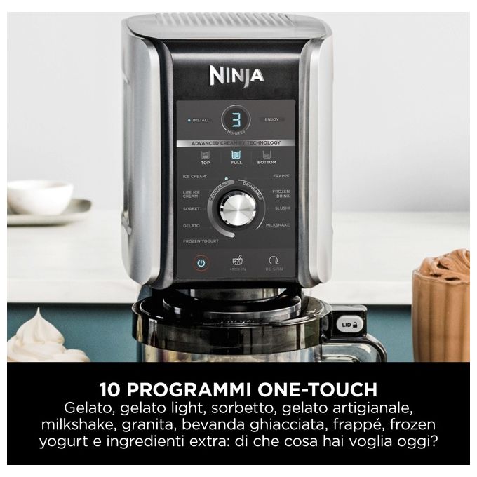 Ninja CREAMi Deluxe NC501EU - Gelatiera turbina elettrica con compressore, capacita' 2,1 L, potenza 800 W, 3 vaschette da 709 ml, 10 programmi (gelato, sorbetto, frappé…), funzione CREAMify, timer digitale, pezzi lavabili in lavastoviglie, Nero-Grigio