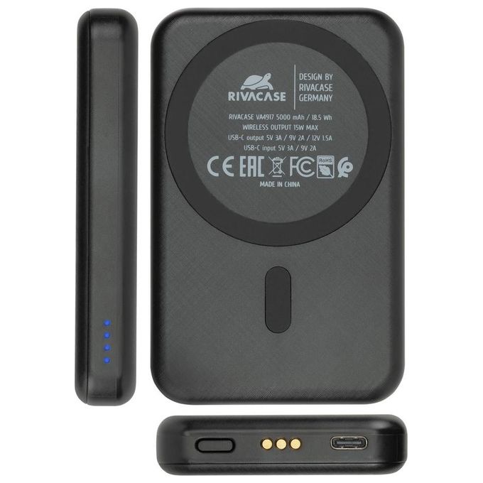 Rivacase VA4917 Caricabatterie Wireless Qi 15W con Batteria Esterna con Funzione di Ricarica Rapida Qc-Pd 5000 Mah