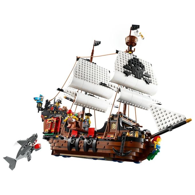 LEGO Creator 31109 Galeone dei Pirati, Set 3 in 1 con Nave Giocattolo, Locanda e Isola del Teschio, Minifigure e Squalo