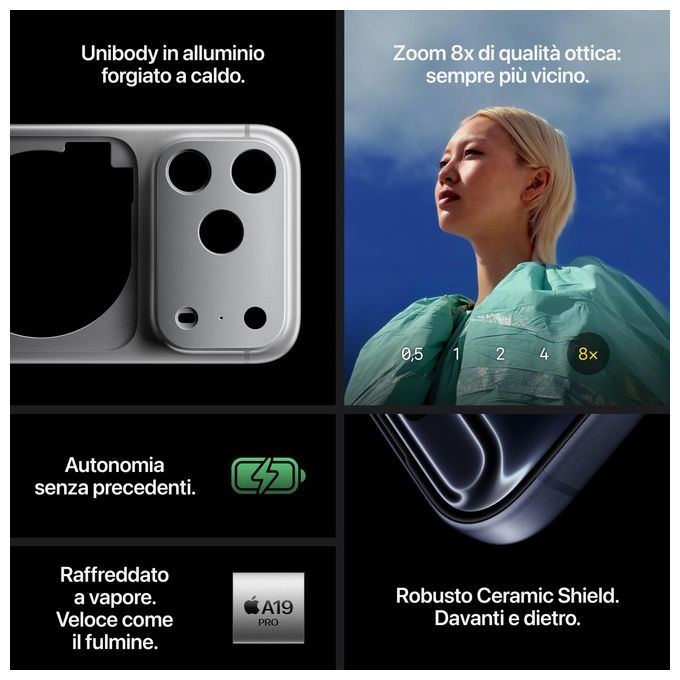 Apple MG8K4QL-A iPhone 17 Pro Smartphone 6.3'' OLED 512GB 5G Chip A19 Pro Tripla Fotocamera 48MP colore Argento