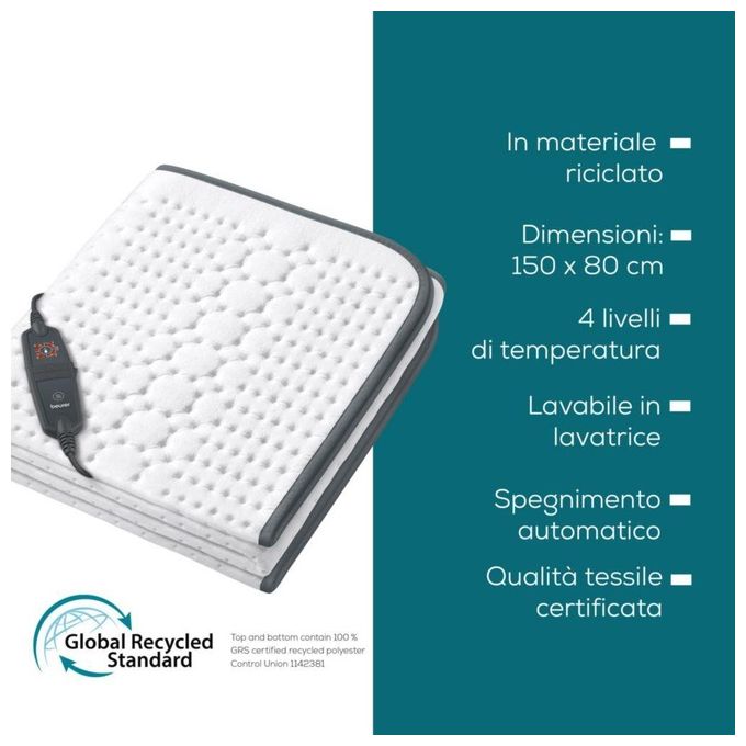 Beurer Scaldaletto UB 60 Green Planet Coprimaterasso Termico Singolo 130x75cm Poliestere 6 Livelli