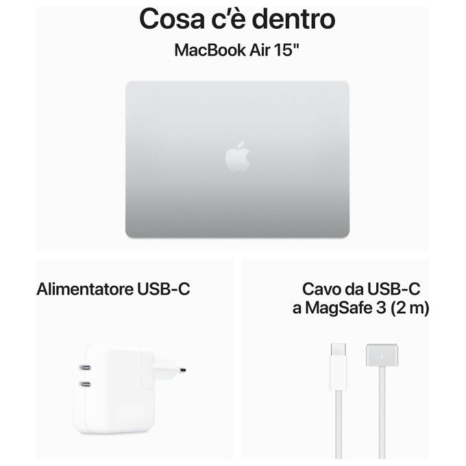 Apple MacBook Air 15'' con Chip M3 Display Liquid Retina 15.3'' Memoria Unificata 8Gb Archiviazione Ssd 512Gb Videocamera FaceTime HD 1080p Touch ID Argento