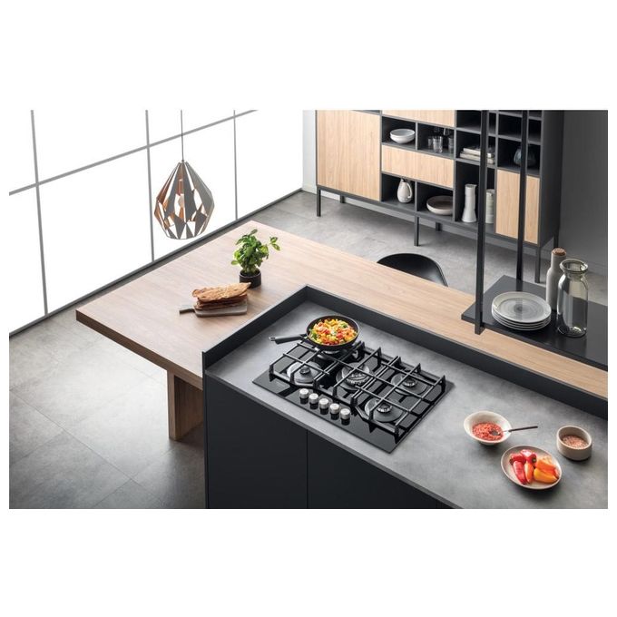 Hotpoint HAGS 72F-BK Serie Cristallo Nero Piano Cottura a Gas 5 Zone 1 Doppia Corona MyMenu Flame Control Griglie in ghisa 73 cm Nero