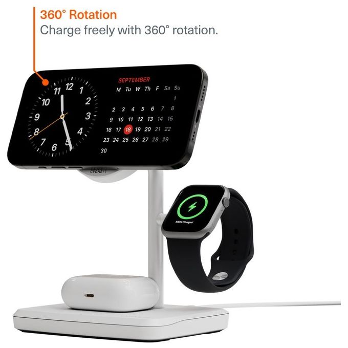 Cygnett ChargeBase Qi2 Caricatore Magnetico Wireless 3 in 1 Bianco