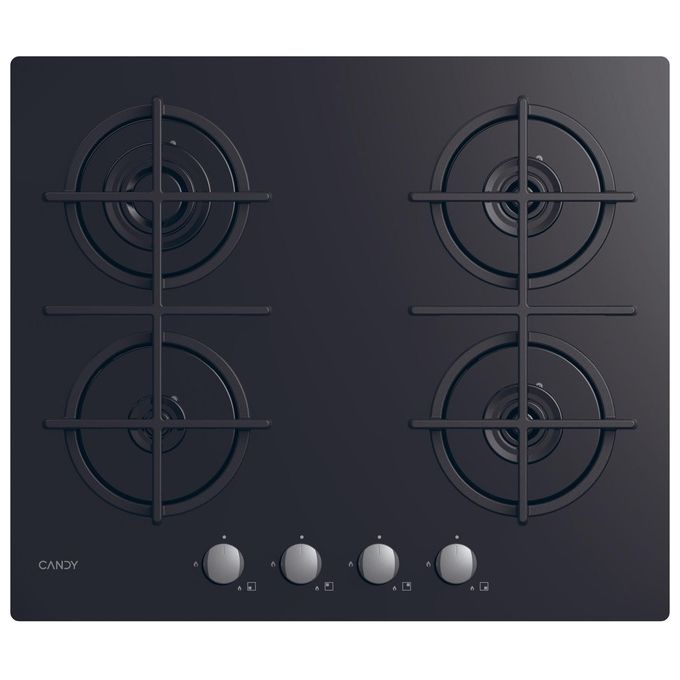 Candy CVG6B New Timeless GOG Piano Cottura a Gas su vetro 4 zone Manopole Timeless Griglie in ghisa 60 cm 4 livelli di potenza Nero