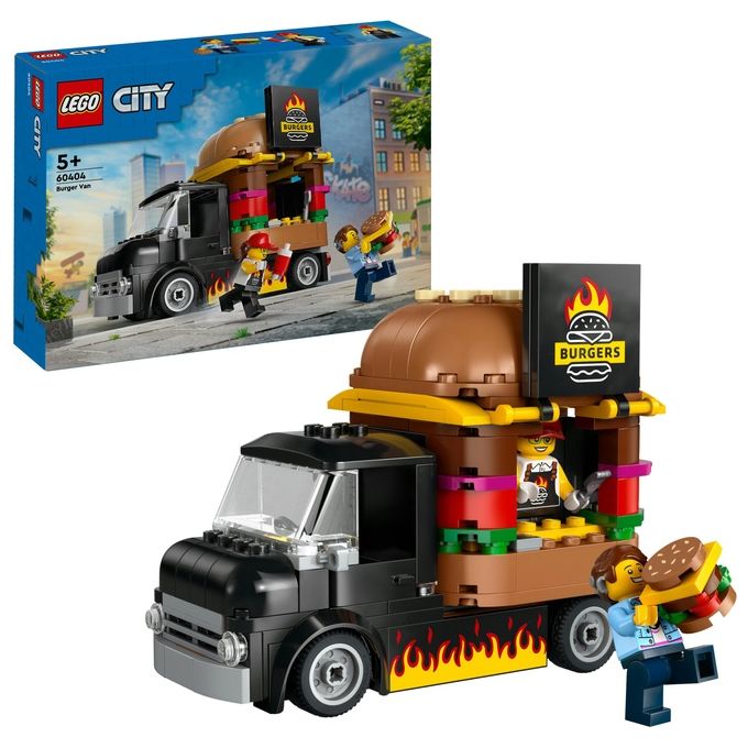 LEGO City 60404 Furgone degli Hamburger Giocattolo, Veicolo per Bambini 5+ Anni, Camion Food Truck con Accessori e 2 Minifigure