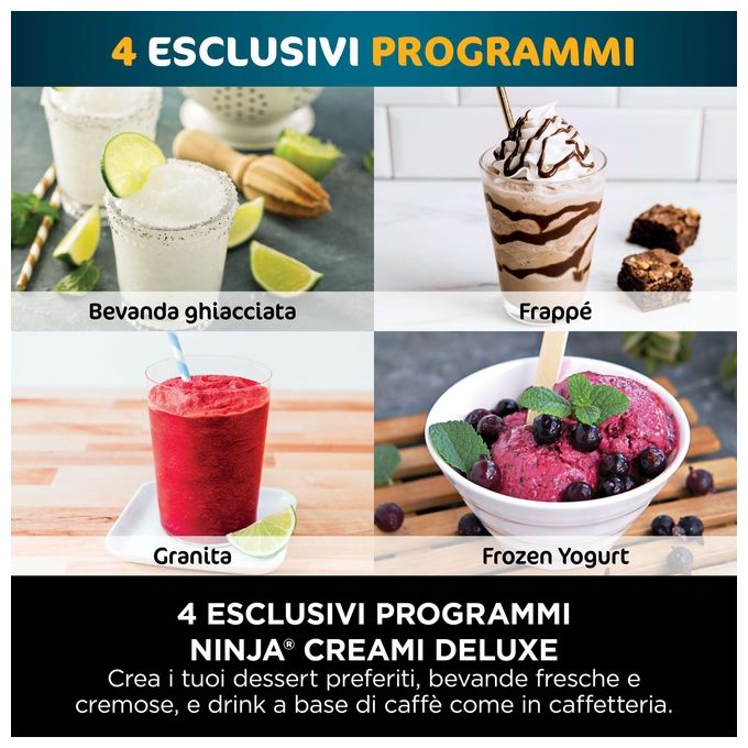 Ninja CREAMi Deluxe NC501EU - Gelatiera turbina elettrica con compressore, capacita' 2,1 L, potenza 800 W, 3 vaschette da 709 ml, 10 programmi (gelato, sorbetto, frappé…), funzione CREAMify, timer digitale, pezzi lavabili in lavastoviglie, Nero-Grigio