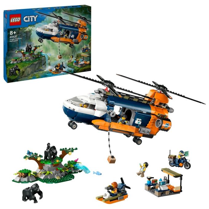 LEGO City Elicottero dell'Esploratore nella Giungla Modellino di Veicolo Giocattolo da Costruire con Doppi Rotori Giochi per Bambini da 8 Anni con Campo Base 3 Animali Gorilla e 5 Minifigure 60437