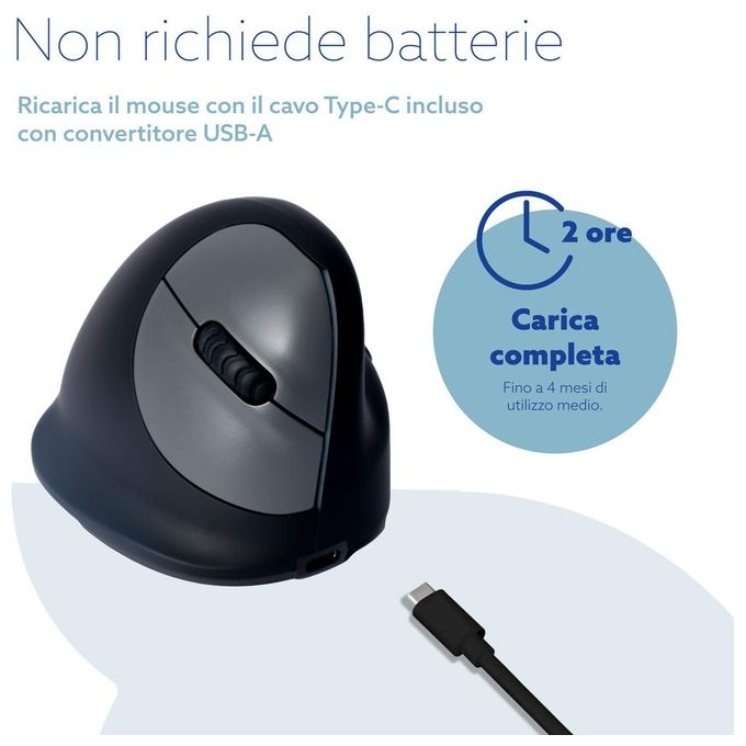 R Go Tools RGOHEWL R-Go HE Mouse Ergonomico Senza Fili Bluetooth 5.0 5 Pulsanti DPI Regolabile Fino a 2400 Silenzioso Ricaricabile Compatibile Windows Mac Linux colore Nero