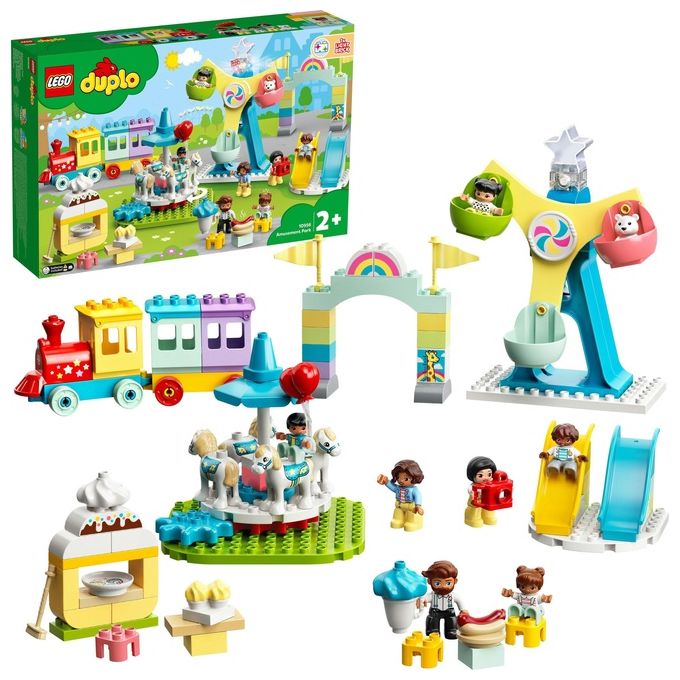 LEGO 10956 DUPLO Town Parco dei Divertimenti con Scivoli Giostra Ruota Panoramamica Treno e 7 Minifigure colore Multicolore