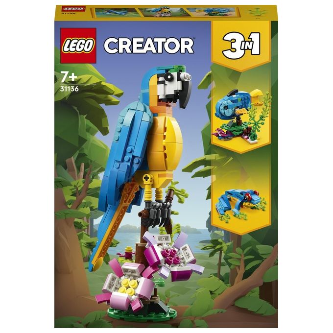 LEGO Creator 31136 Pappagallo Esotico 31136-LEGO Set 3 in 1 con Pesce e Rana Animali Giocattolo Giochi Creativi per Bambini da 7 Anni