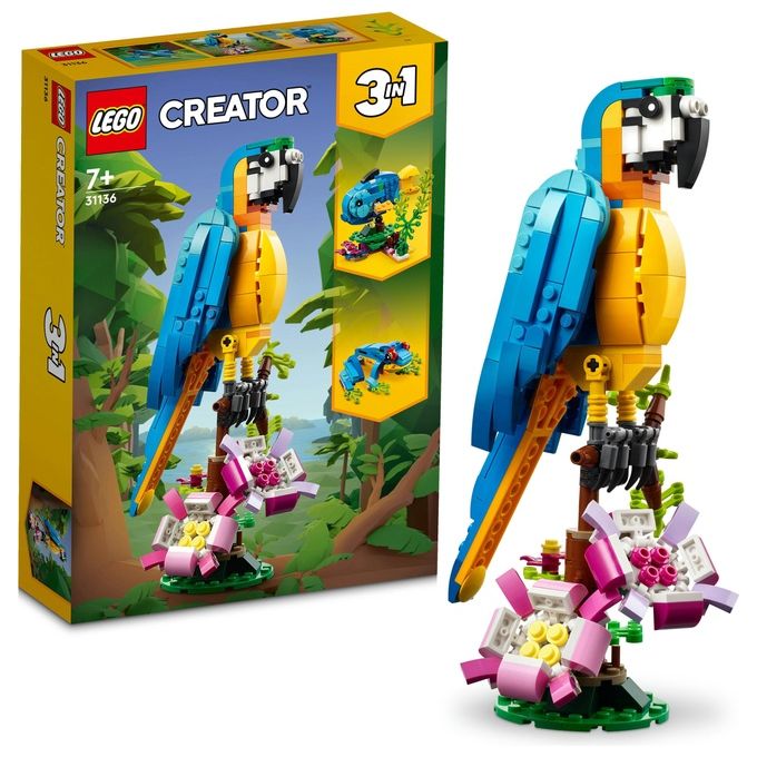 LEGO Creator 31136 Pappagallo Esotico 31136-LEGO Set 3 in 1 con Pesce e Rana Animali Giocattolo Giochi Creativi per Bambini da 7 Anni