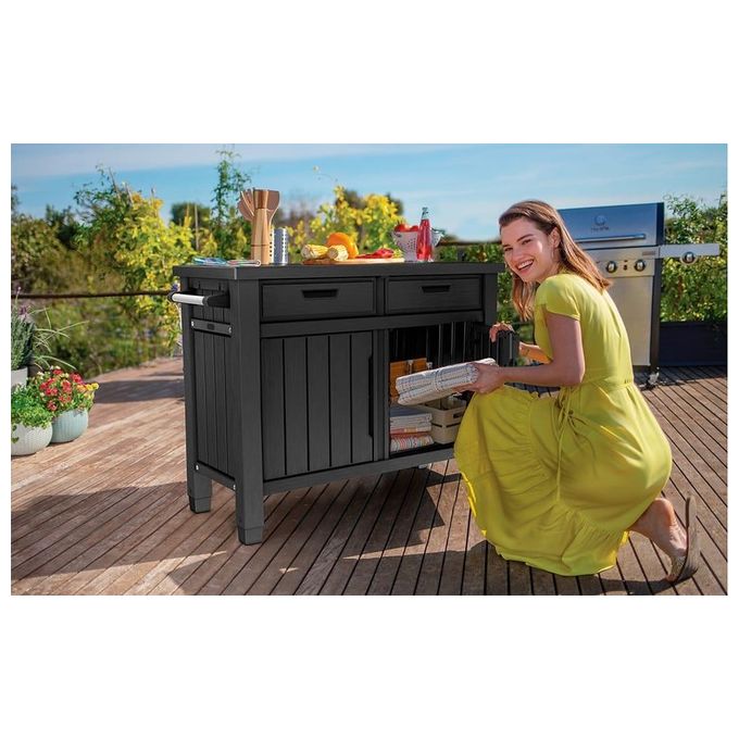Keter 259432 Unity XL Tavolino da Esterno per BBQ con Cassetti anti-UV resina effetto legno colore Grafite