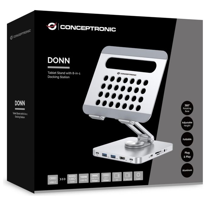 Conceptronic DONN26G Supporto per Tablet con Docking Station USB 3.2 Gen 1 8 in 1