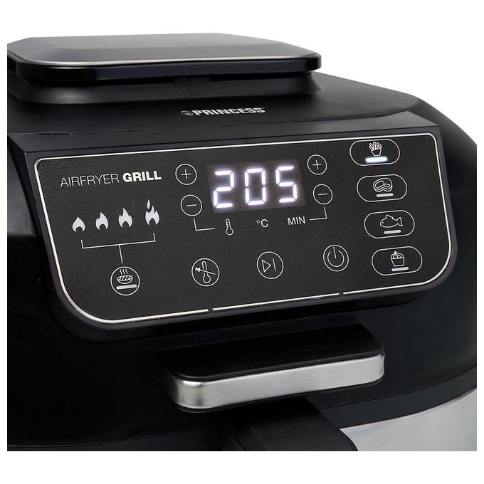 Princess 182092 Grill Aerofryer - Friggitrice ad aria 5,6 L, 1760 W, Grill integrato, Display digitale, Tecnologia di circolazione dell'aria calda, Nero-Inox