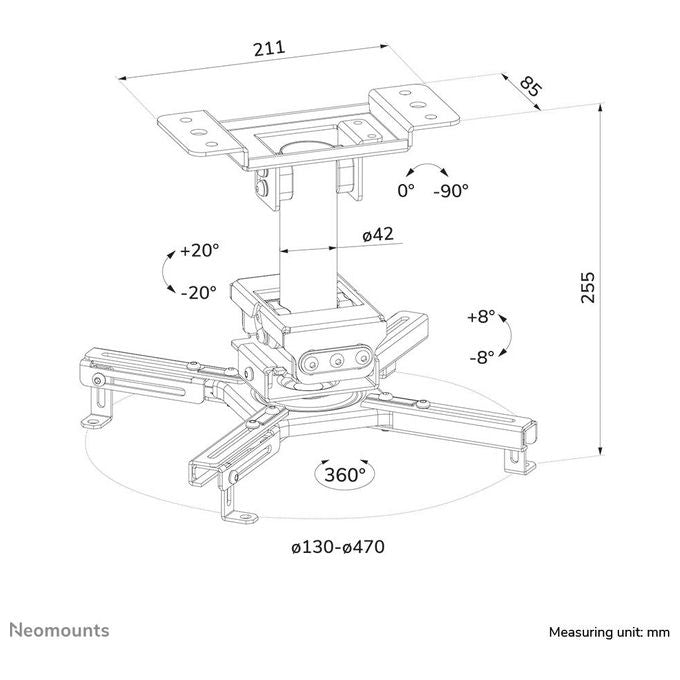 Neomounts CL25-530BL1 Supporto a soffitto per proiettore capacita' 45 Kg regolazione completa inclinazione ±20° rotazione 360° gestione cavi interna colore Nero